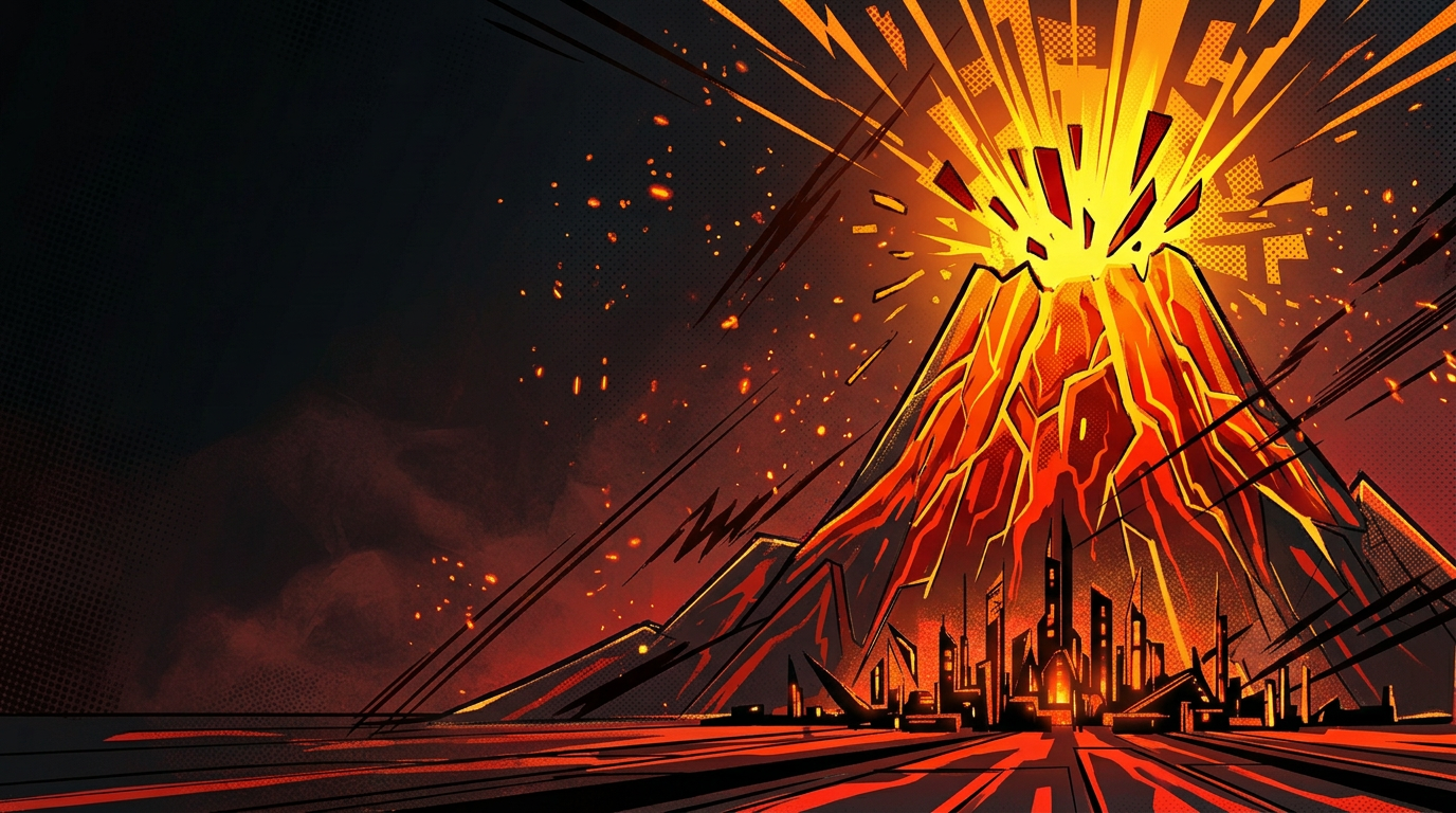 Neon comic-book volcano erupting above a futuristic city